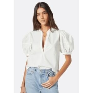 Joie Womens 100% Cotton V Neck Short Puff Sleeve Blouse White Size L Poplin